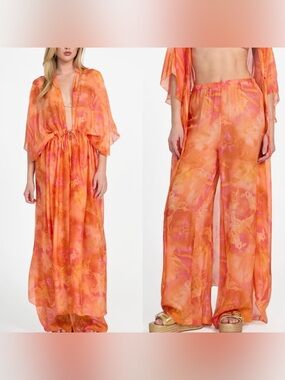 NWT Guess Silk Blend Orange-Pink Floral Kimono and Pants Set Resortwear S/M
